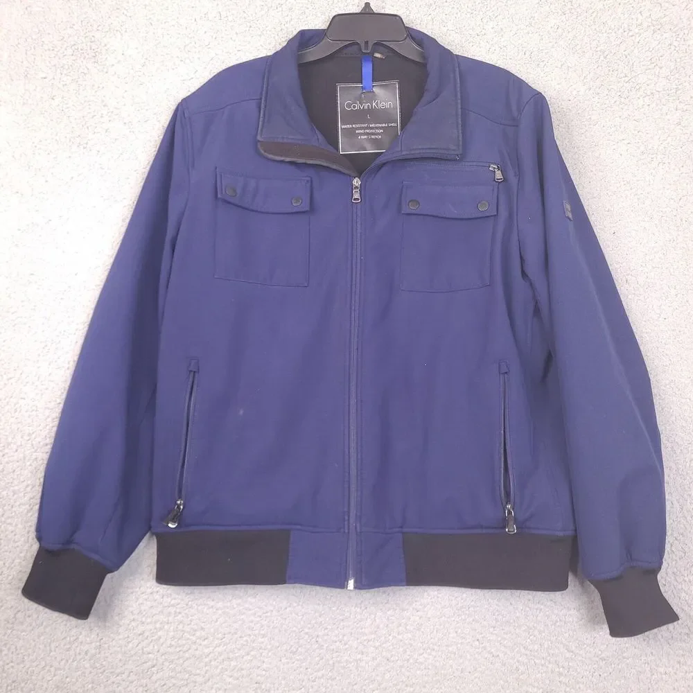 Calvin Klein Jacket Mens Large Blue Coat Water Resistant Shell Wind Protection